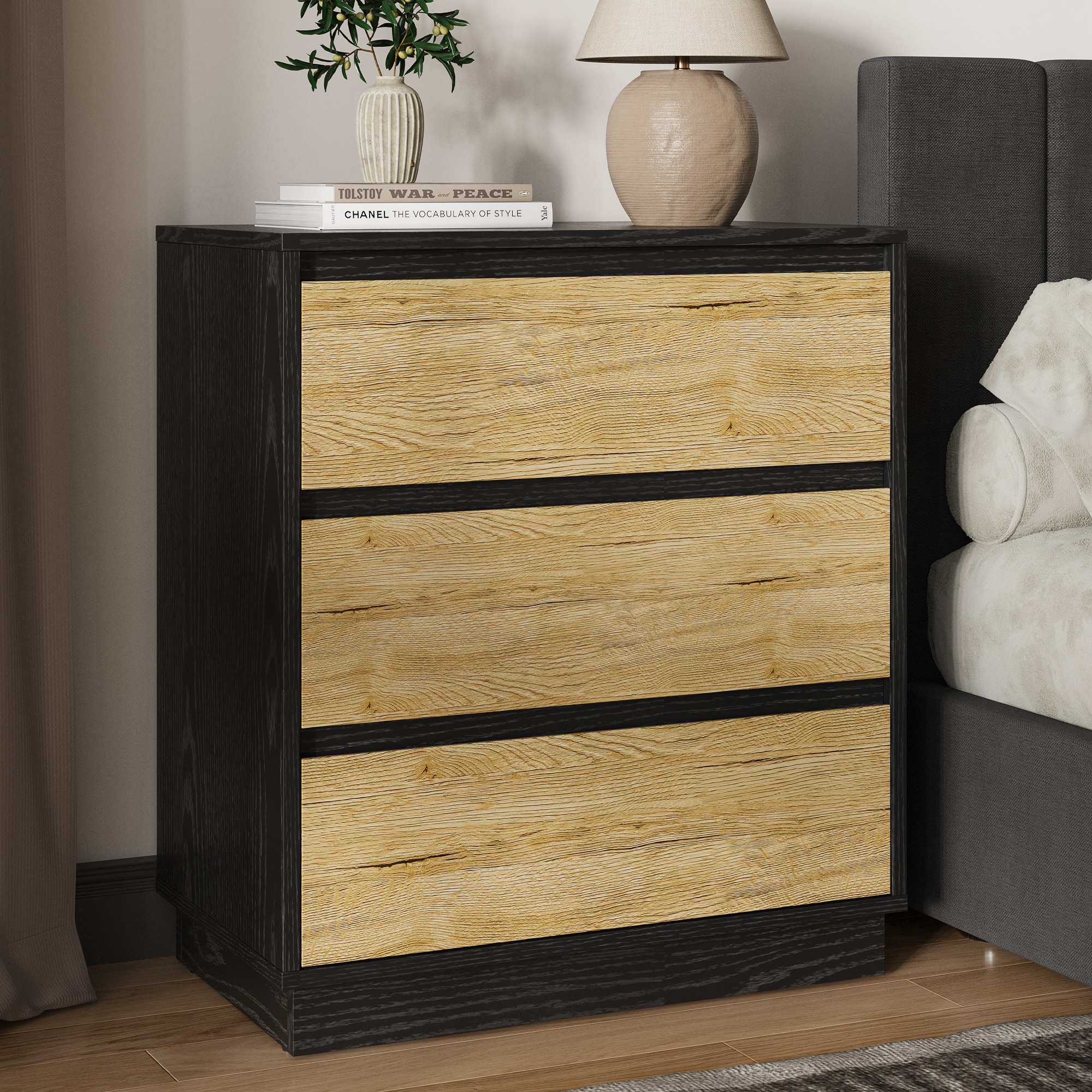 Wide Nightstand With 3 Drawers, Modern Chest Of Drawers For Bedroom, Large End Table With Hidden Pull-out System, Wooden Dresser For Living Room, Closet, Black And Wood_maomaolike.com